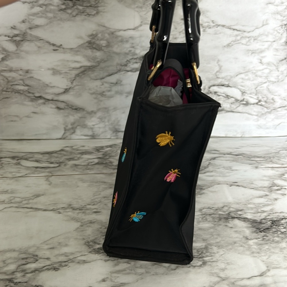 Tianni | vintage VTG bag with embroidered Bees bugs plastic faux bamboo handles - Picture 5 of 11